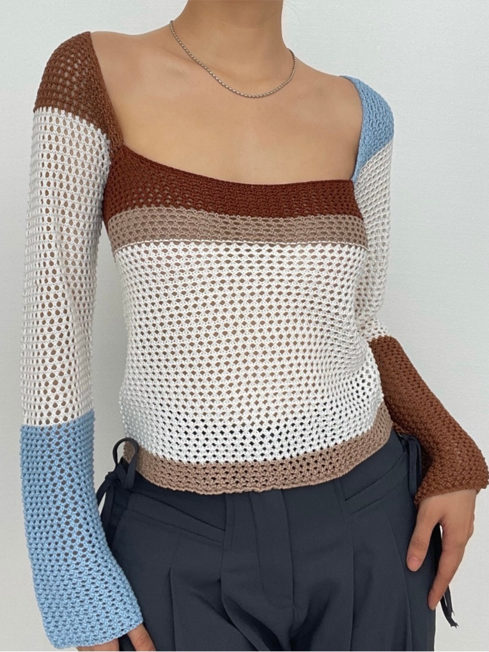 Colorblock Open-Knit Sweater Top - White, Brown & Blue